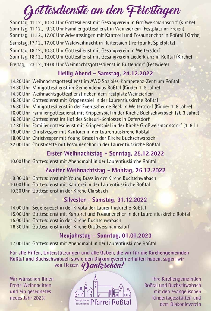 Übersicht über die Weihnachtsgottesdienste der Pfarrgemeinden Roßtal und Buchschwabach 2022
